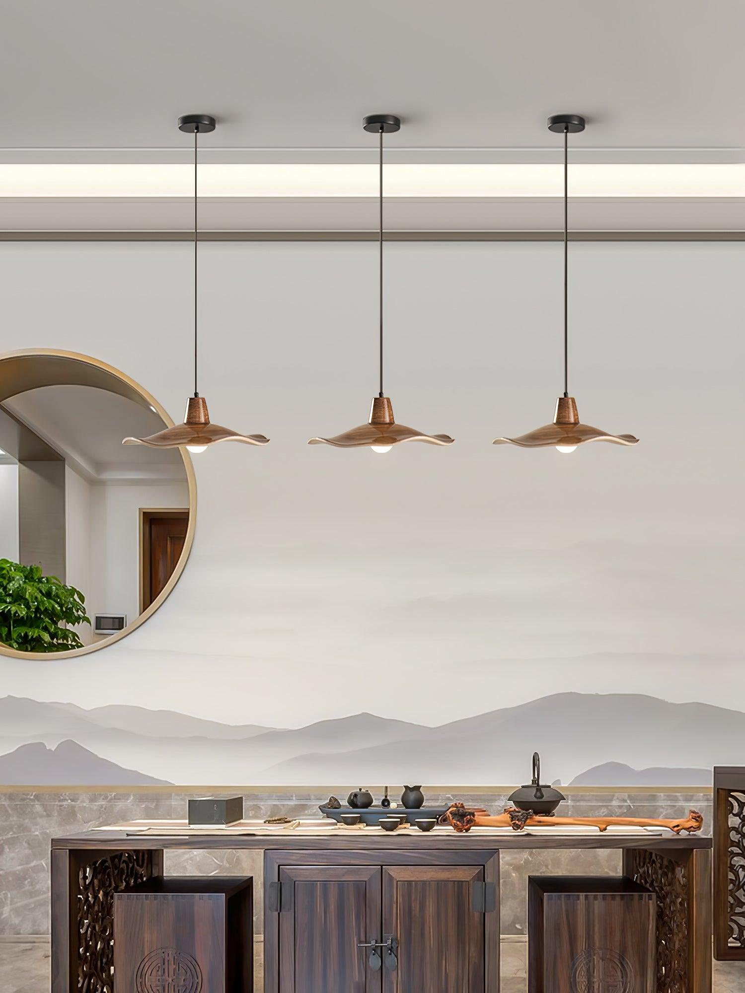 Tropez Modern Organic Sun Hat Pendant Light with Walnut Finish Resin Shade for Dining Areas