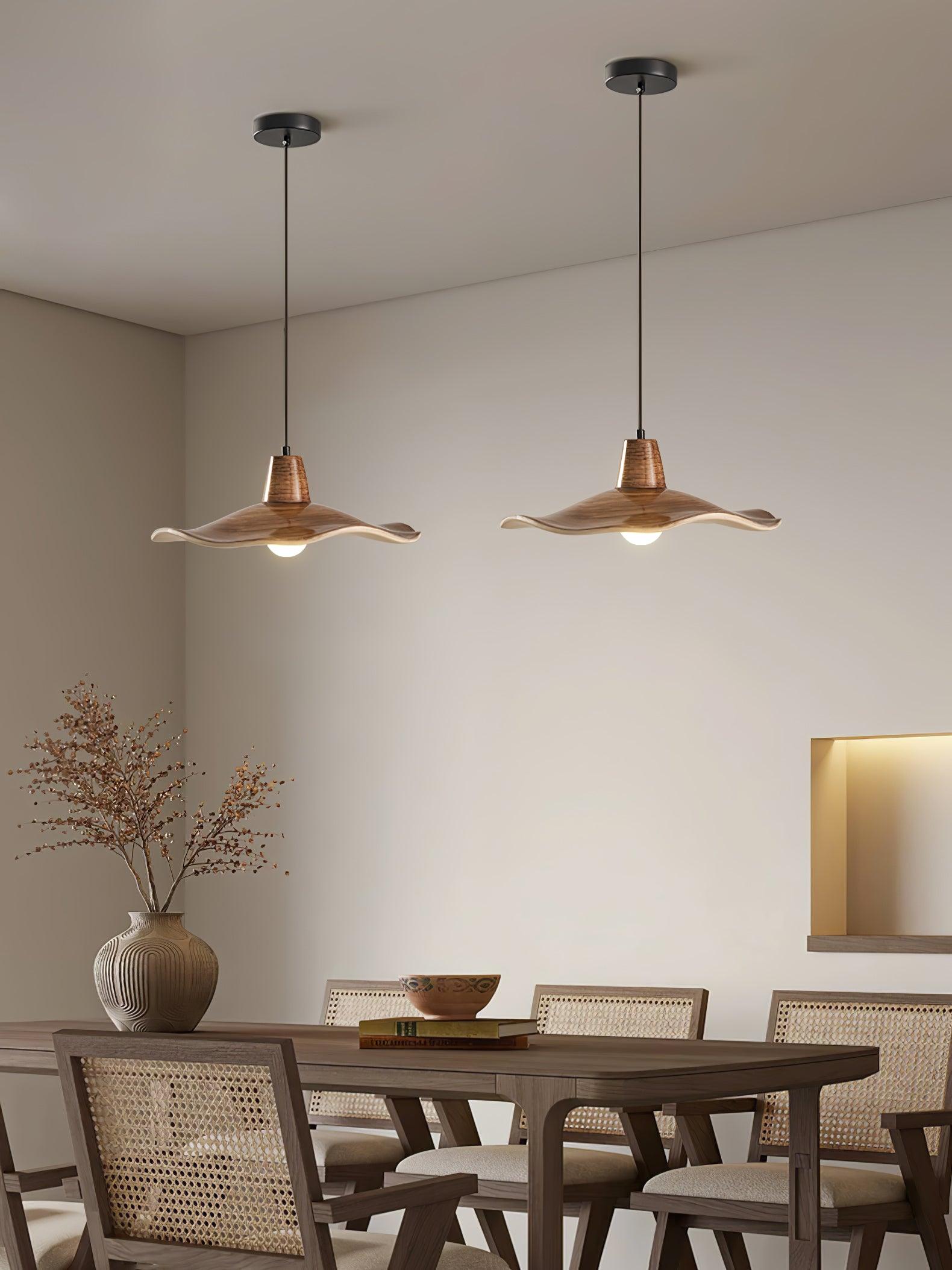 Tropez Modern Organic Sun Hat Pendant Light with Walnut Finish Resin Shade for Dining Areas