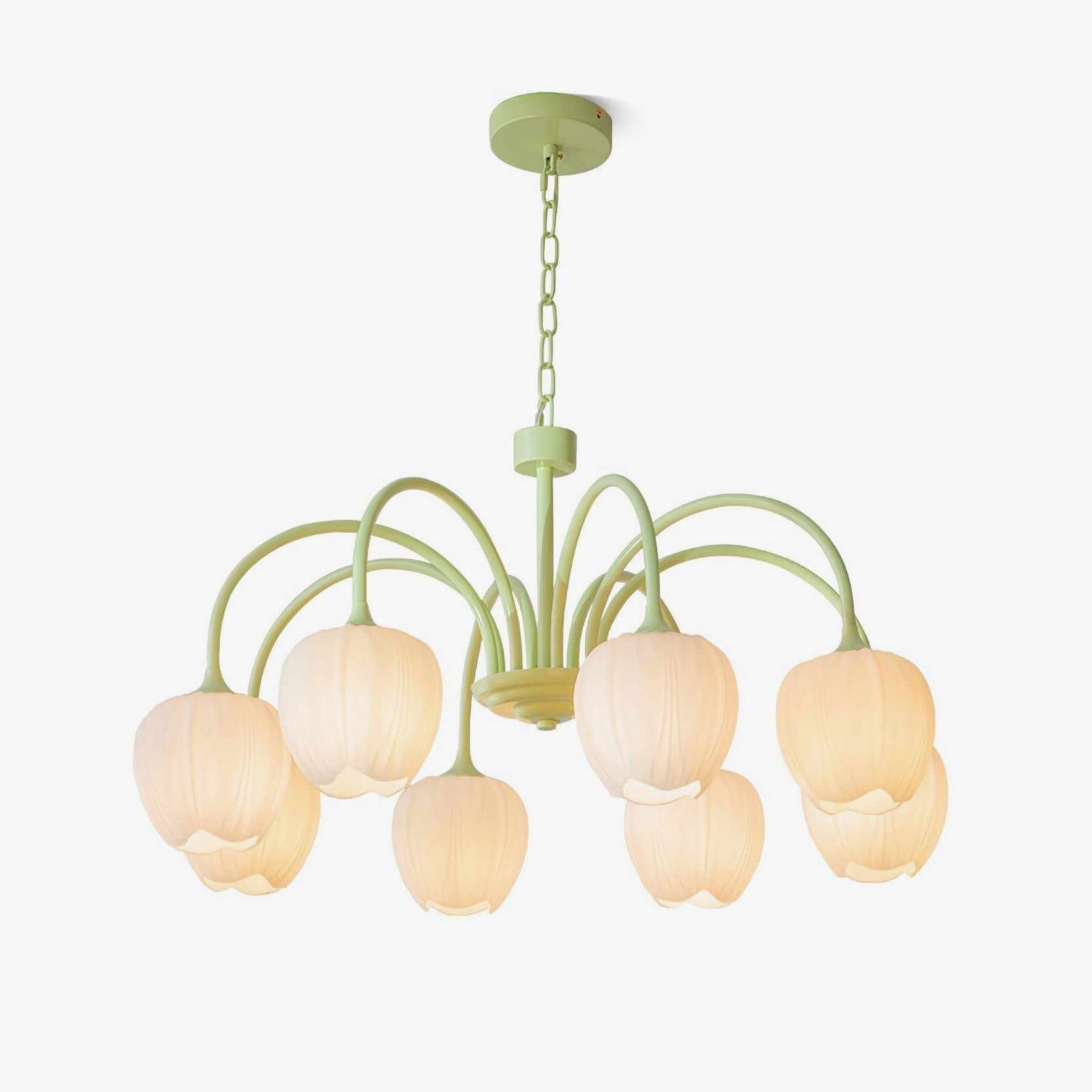 Tulip Matcha Green Crown Chandelier with White Glass Shades for Modern Living Spaces