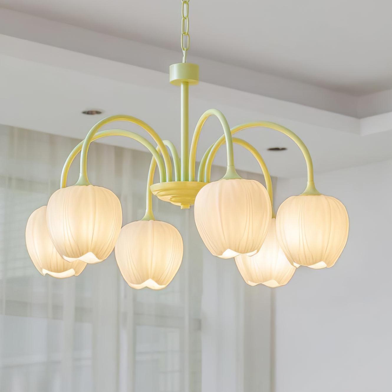 Tulip Matcha Green Crown Chandelier with White Glass Shades for Modern Living Spaces