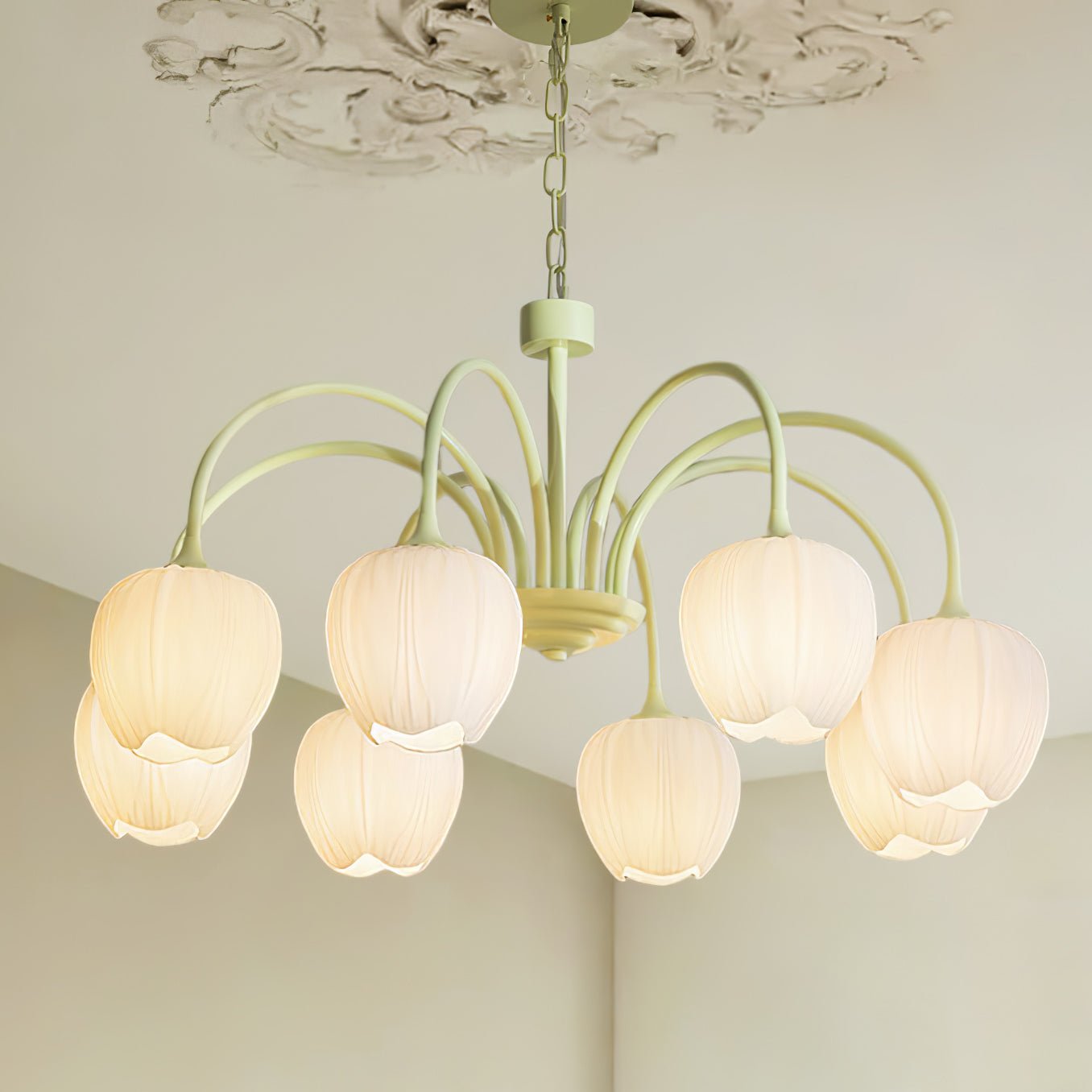 Tulip Matcha Green Crown Chandelier with White Glass Shades for Modern Living Spaces