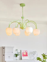 Tulip Matcha Green Crown Chandelier with White Glass Shades for Modern Living Spaces