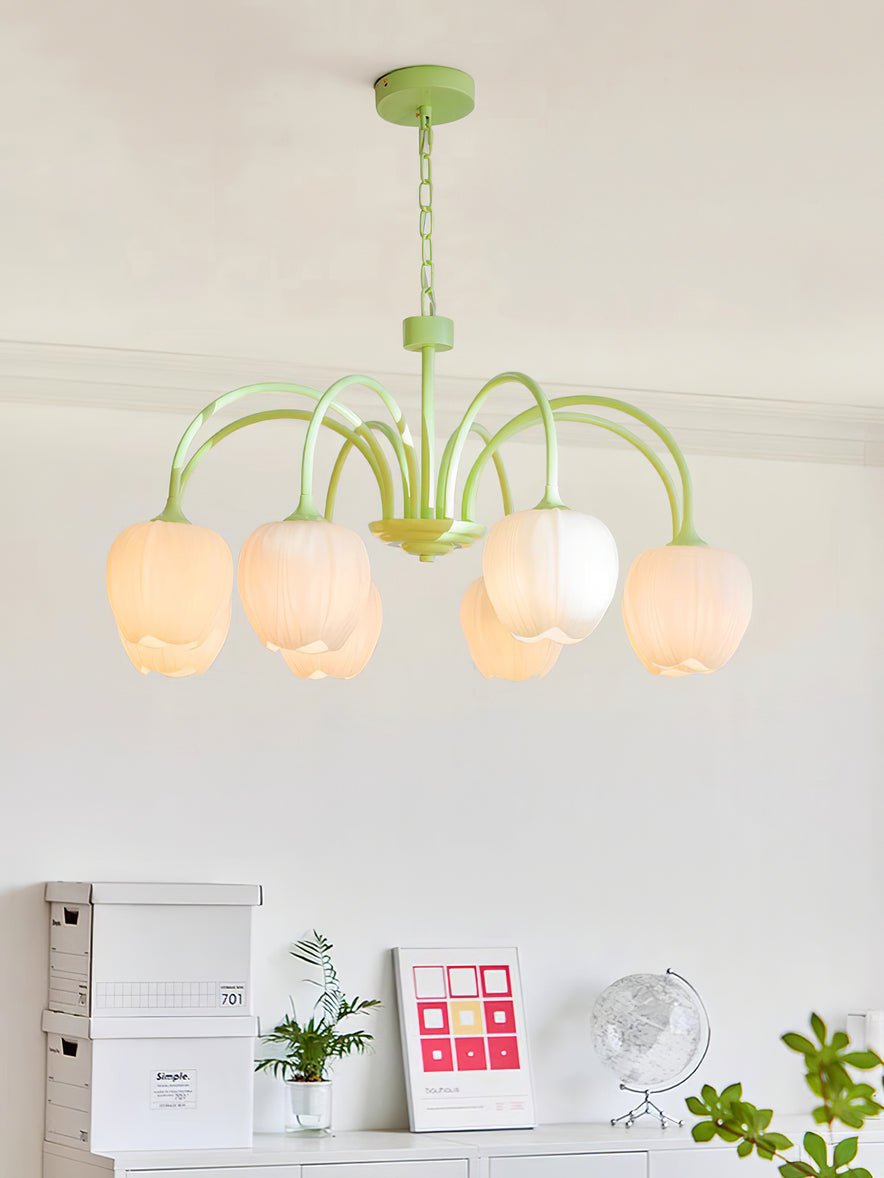 Tulip Matcha Green Crown Chandelier with White Glass Shades for Modern Living Spaces