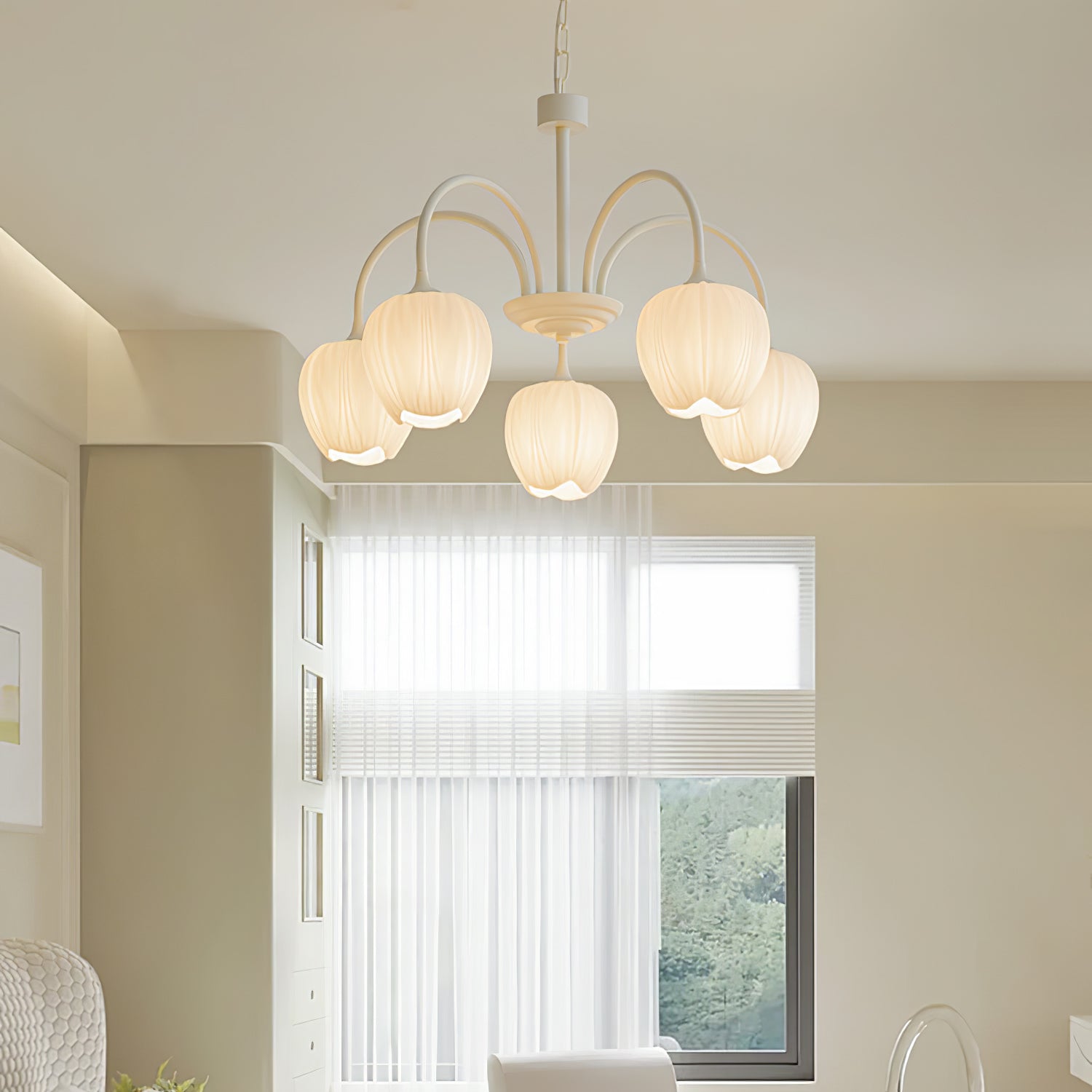 Tulip Matcha Green Crown Chandelier with White Glass Shades for Modern Living Spaces