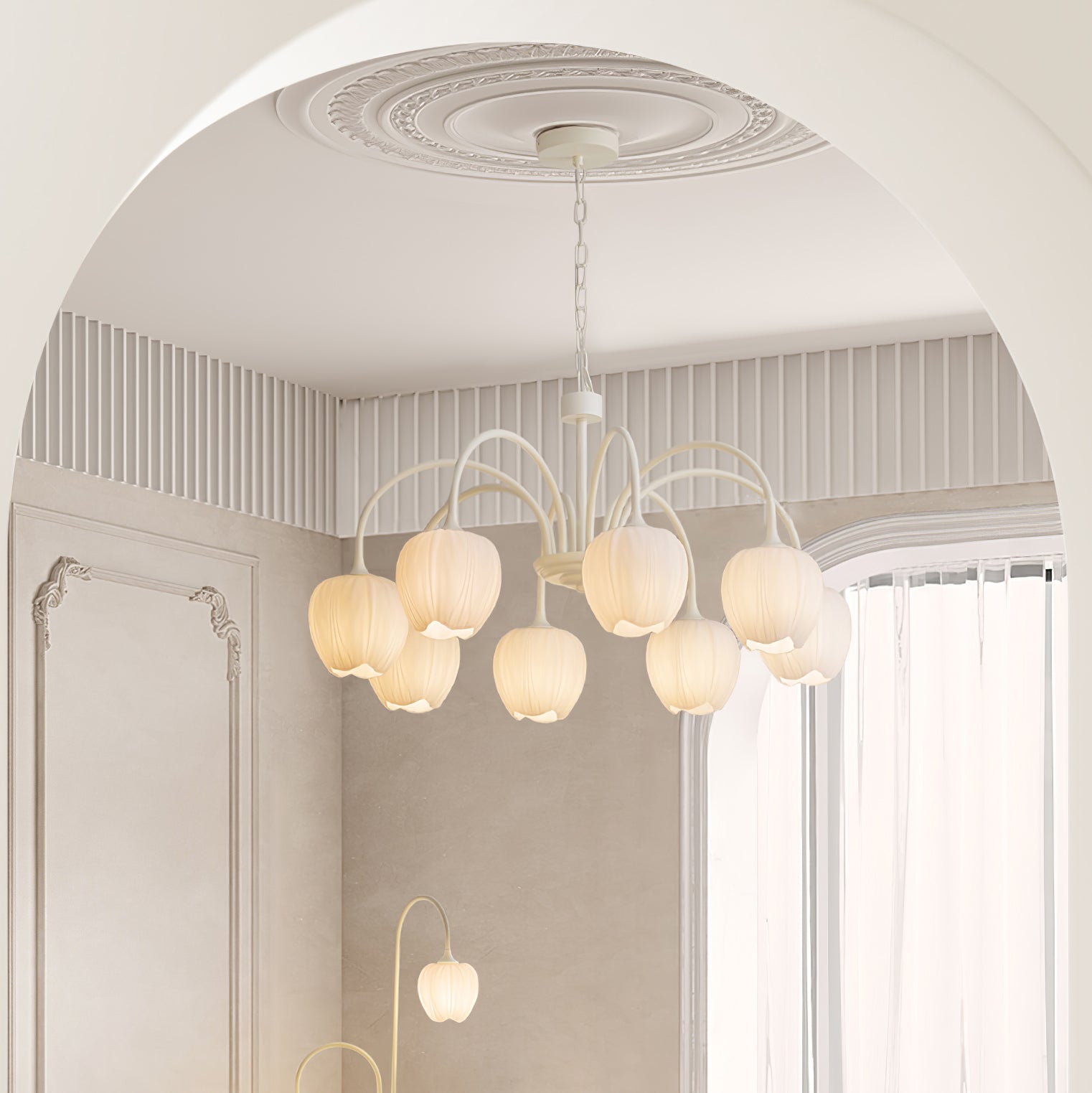 Tulip Matcha Green Crown Chandelier with White Glass Shades for Modern Living Spaces