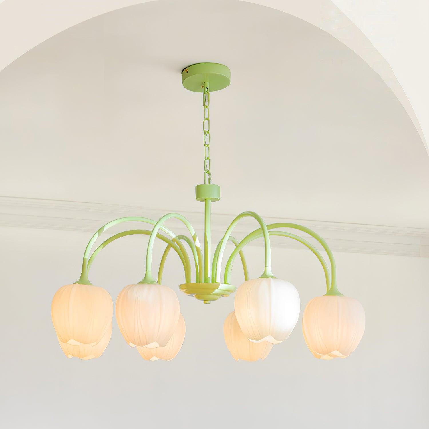 Tulip Matcha Green Crown Chandelier with White Glass Shades for Modern Living Spaces
