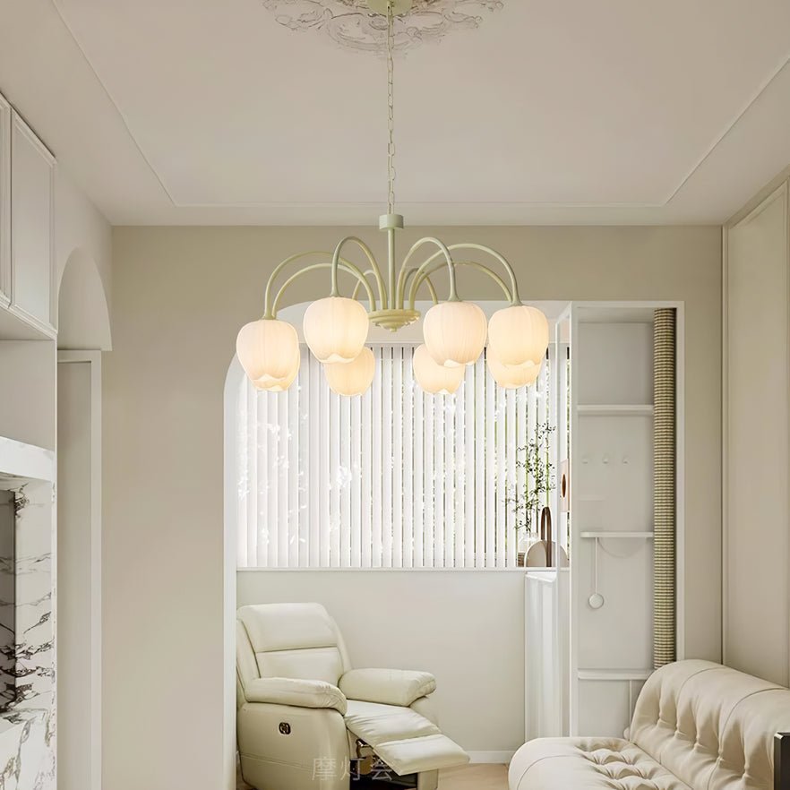 Tulip Matcha Green Crown Chandelier with White Glass Shades for Modern Living Spaces