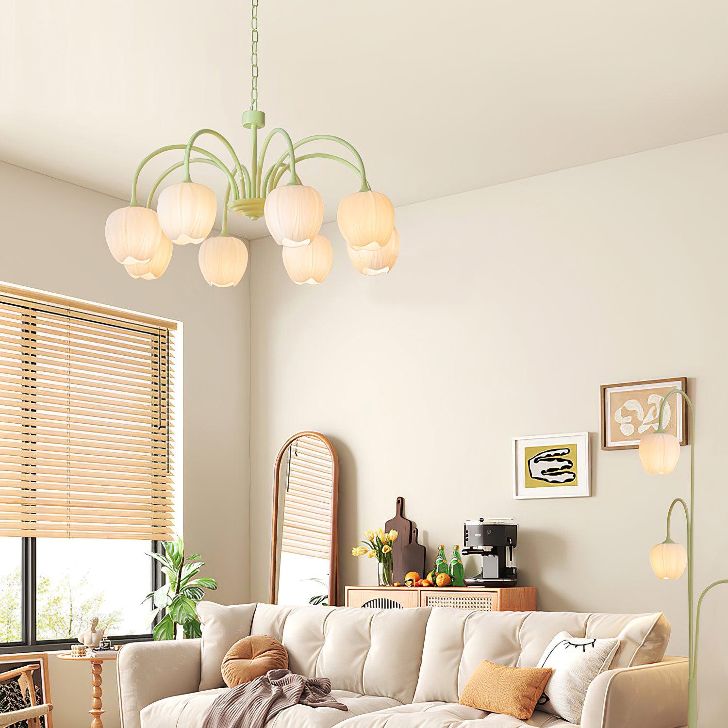 Tulip Matcha Green Crown Chandelier with White Glass Shades for Modern Living Spaces