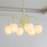 Tulip Matcha Green Crown Chandelier with White Glass Shades for Modern Living Spaces