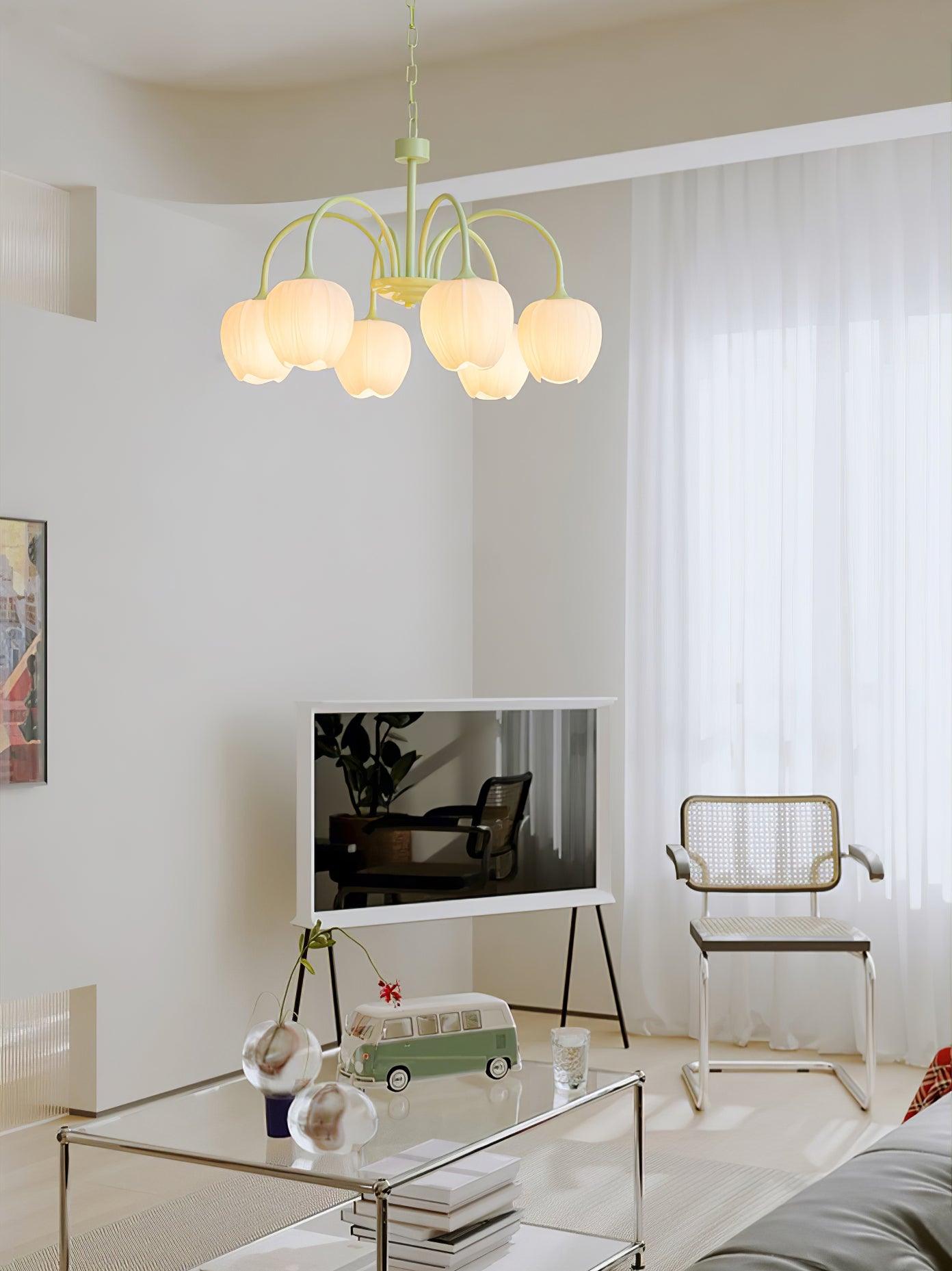 Tulip Matcha Green Crown Chandelier with White Glass Shades for Modern Living Spaces