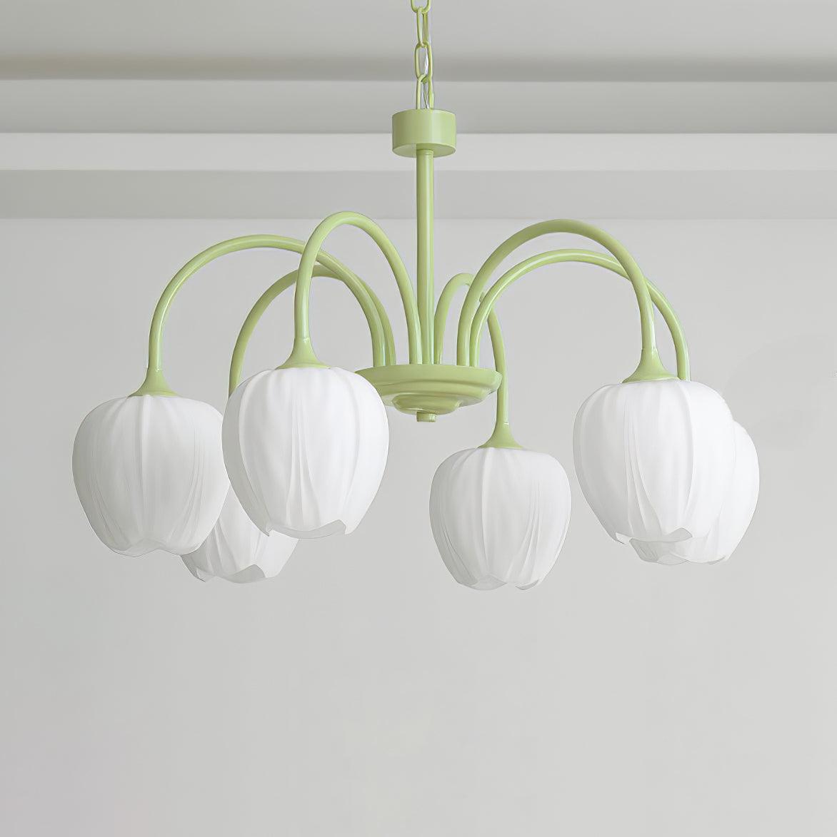 Tulip Matcha Green Crown Chandelier with White Glass Shades for Modern Living Spaces