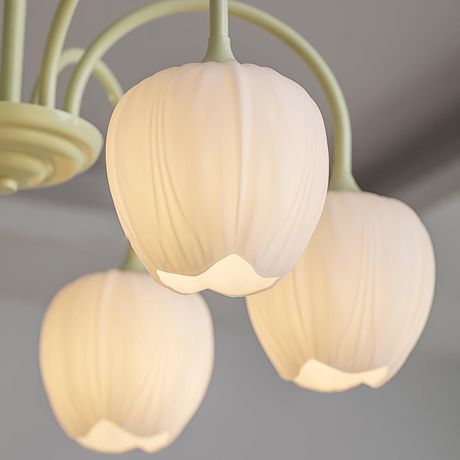 Tulip Matcha Green Crown Chandelier with White Glass Shades for Modern Living Spaces