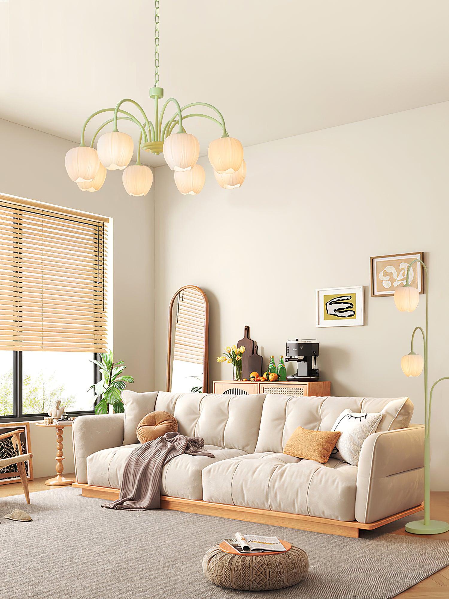 Tulip Matcha Green Crown Chandelier with White Glass Shades for Modern Living Spaces