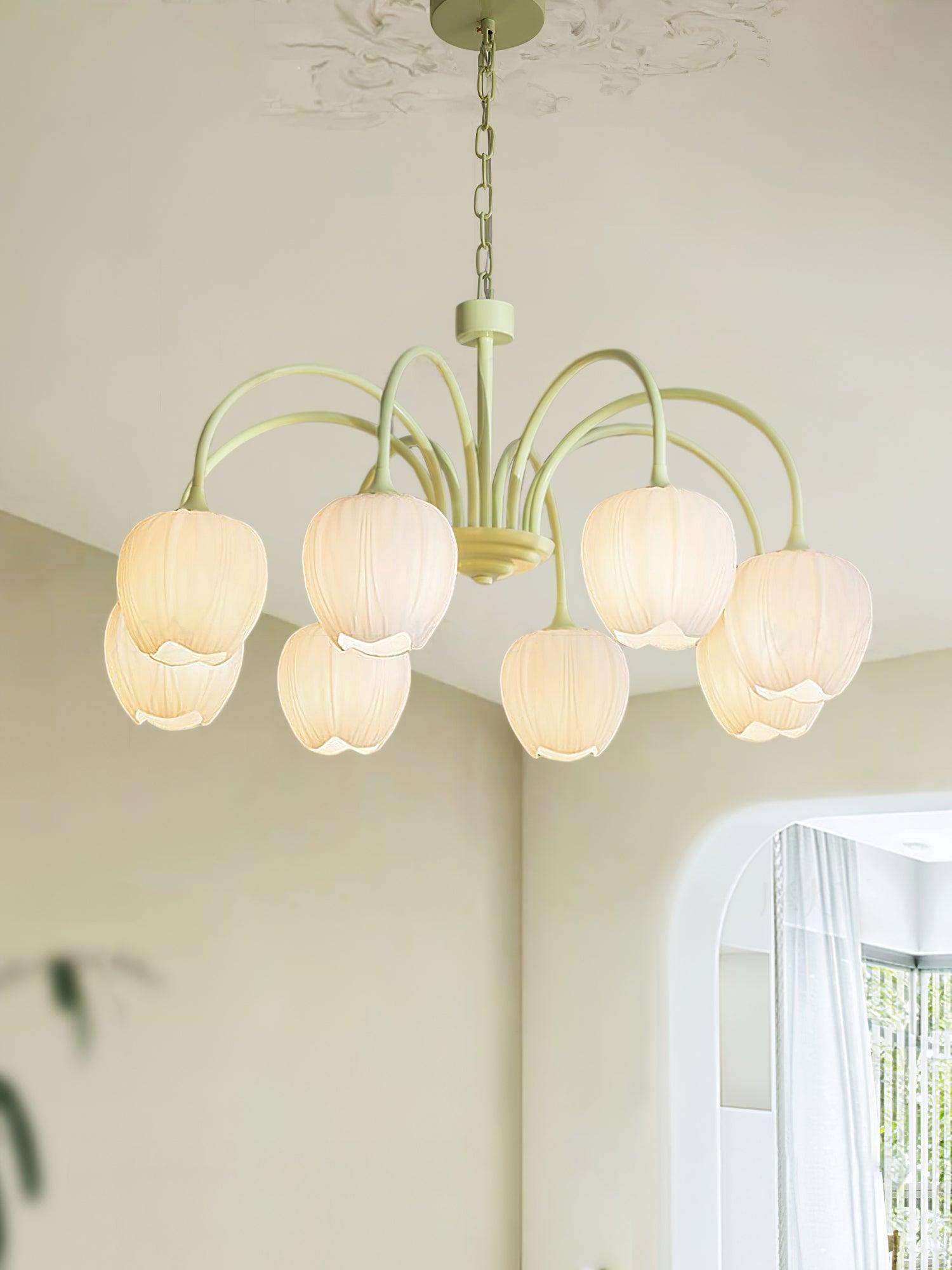 Tulip Matcha Green Crown Chandelier with White Glass Shades for Modern Living Spaces