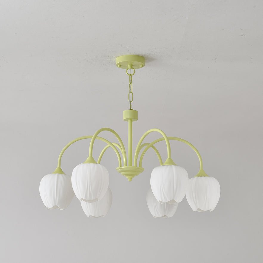 Tulip Matcha Green Crown Chandelier with White Glass Shades for Modern Living Spaces