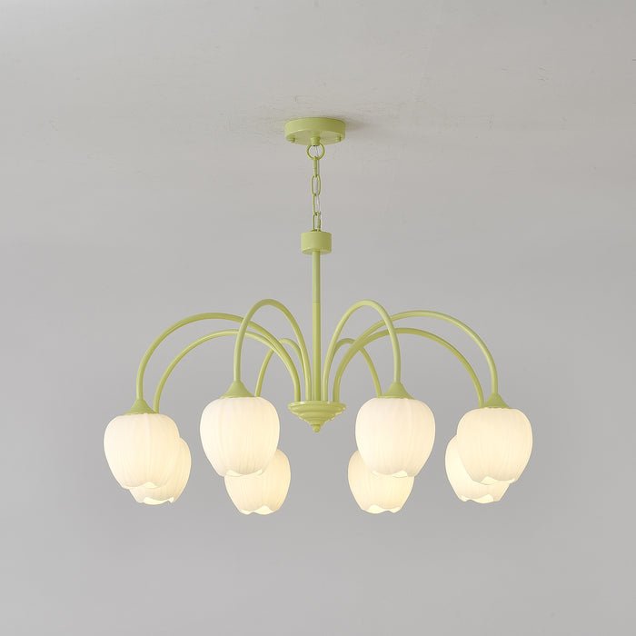 Tulip Matcha Green Crown Chandelier with White Glass Shades for Modern Living Spaces