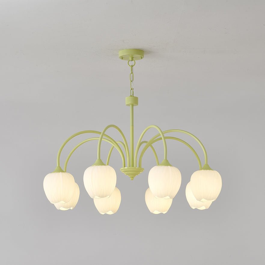 Tulip Matcha Green Crown Chandelier with White Glass Shades for Modern Living Spaces