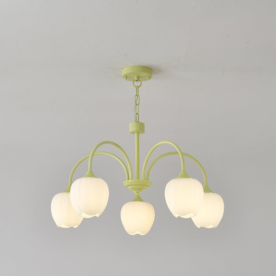 Tulip Matcha Green Crown Chandelier with White Glass Shades for Modern Living Spaces