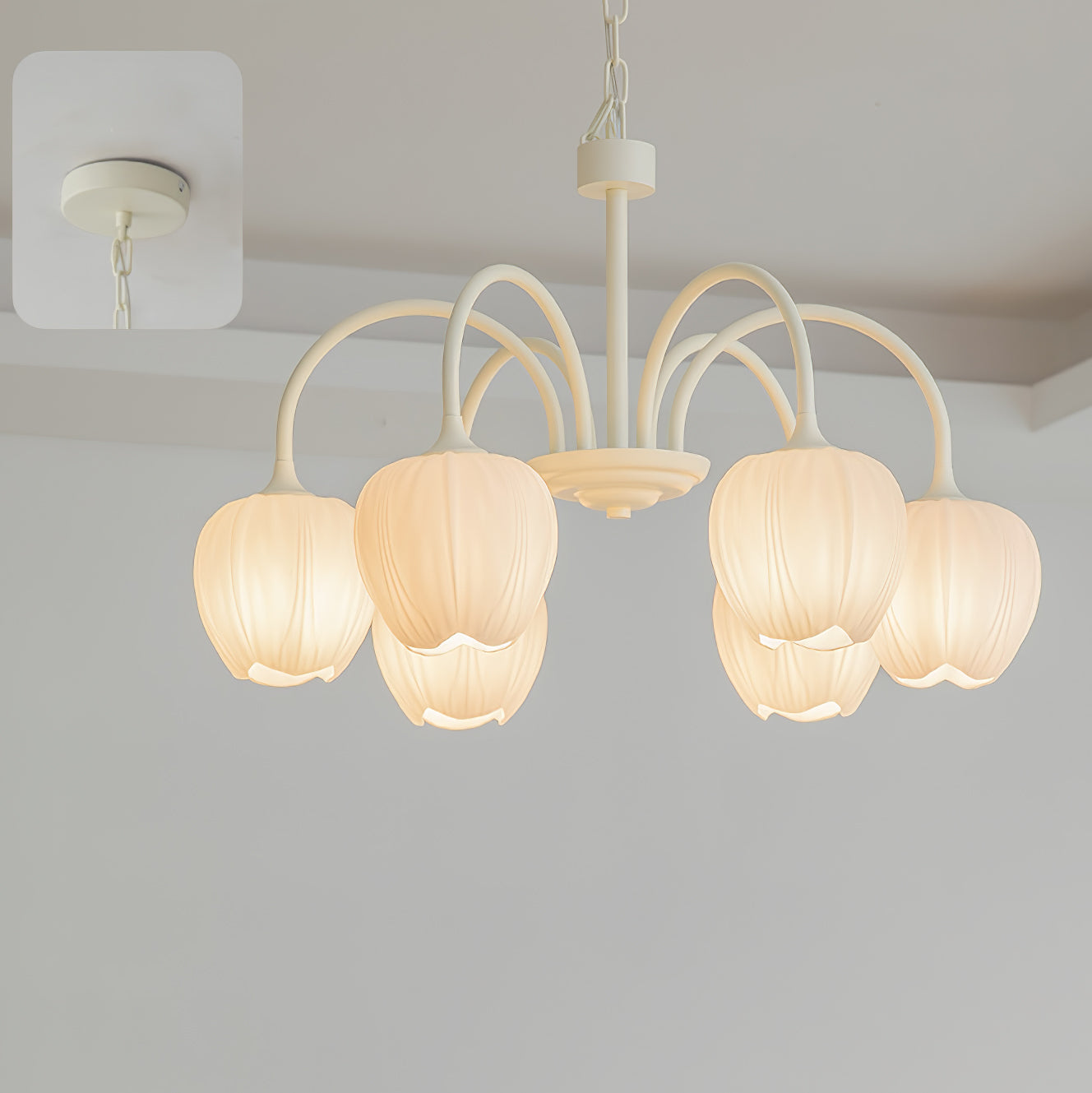 Tulip Matcha Green Crown Chandelier with White Glass Shades for Modern Living Spaces