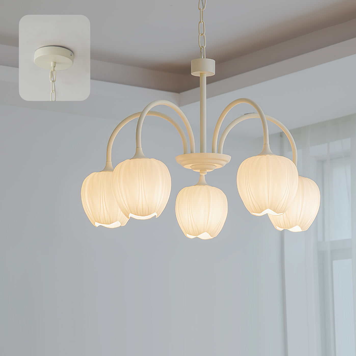 Tulip Matcha Green Crown Chandelier with White Glass Shades for Modern Living Spaces