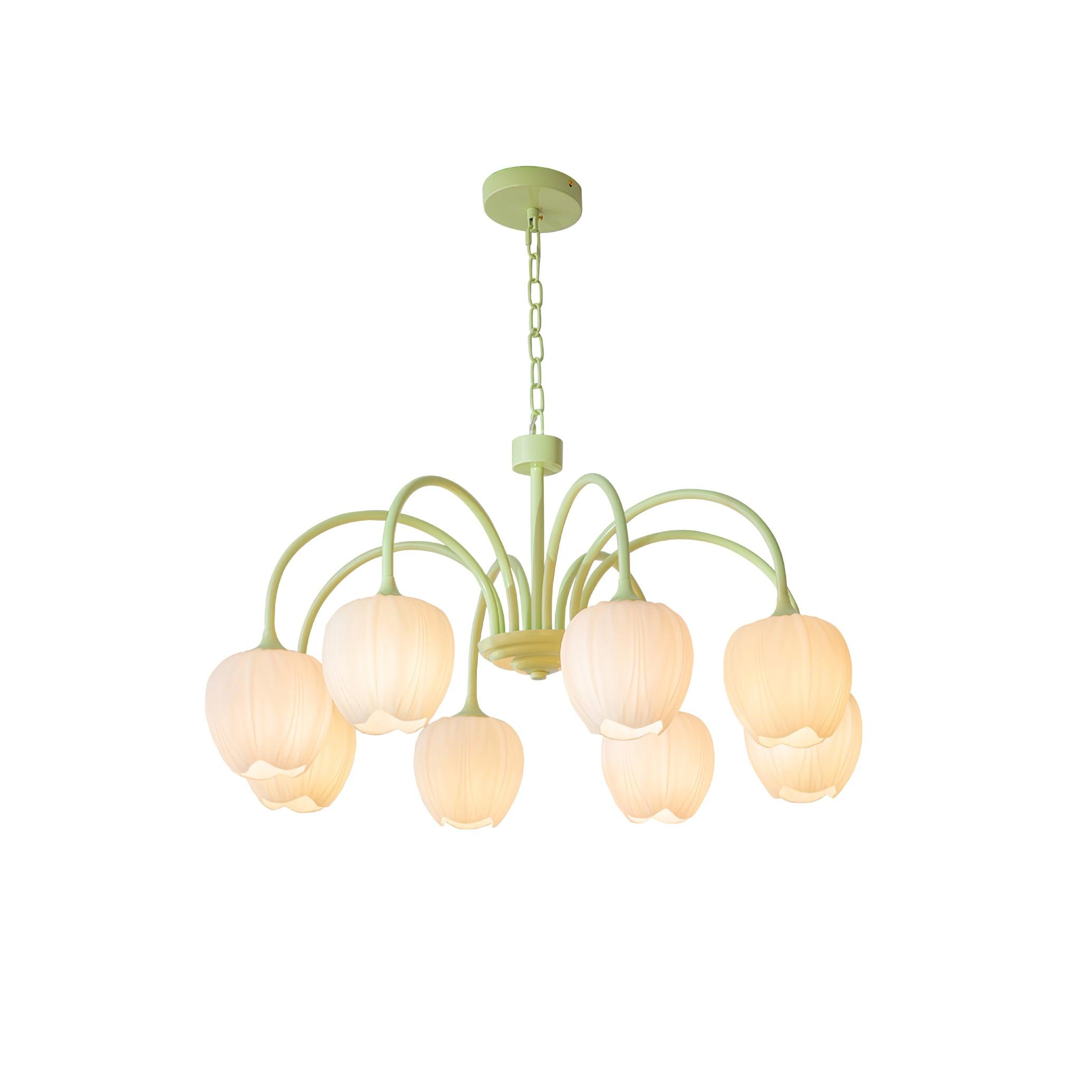 Tulip Matcha Green Crown Chandelier with White Glass Shades for Modern Living Spaces
