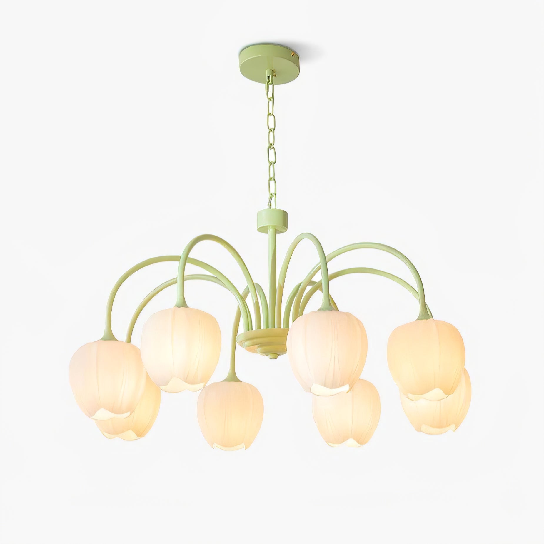 Tulip Matcha Green Crown Chandelier with White Glass Shades for Modern Living Spaces