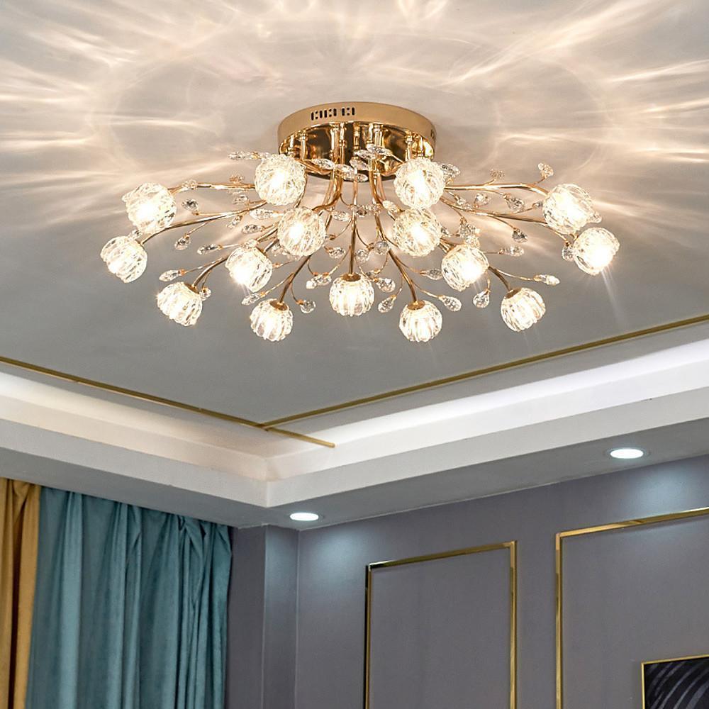 Modern Gold Glass Globe LED Flush Mount Ceiling Lamp Luxury Crystal Cluster Lighting Fixture