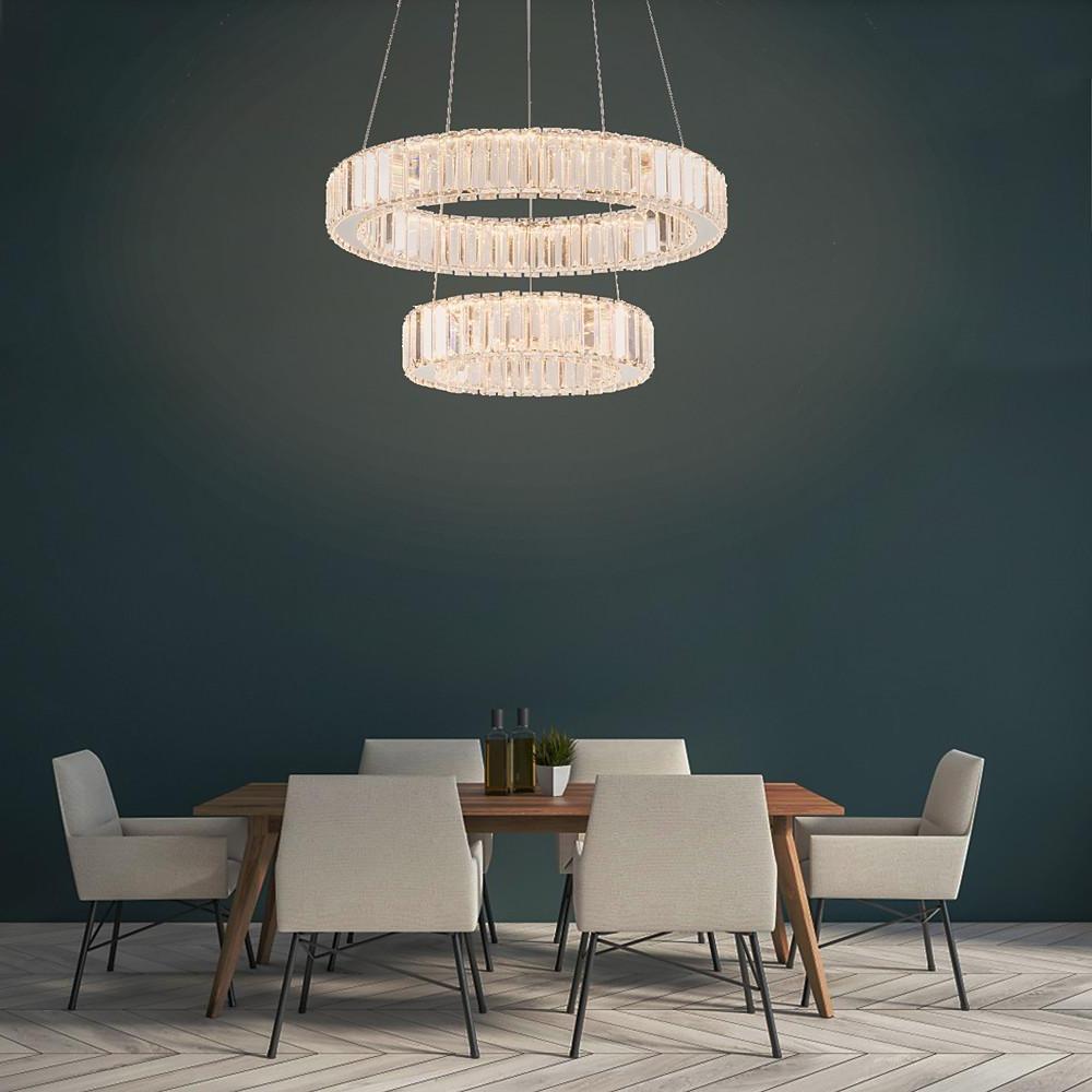 Two Tier Gold Steel and Crystal LED Chandelier Modern Ring Pendant Light for Dining Room