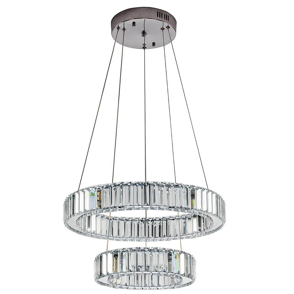 Two Tier Gold Steel and Crystal LED Chandelier Modern Ring Pendant Light for Dining Room