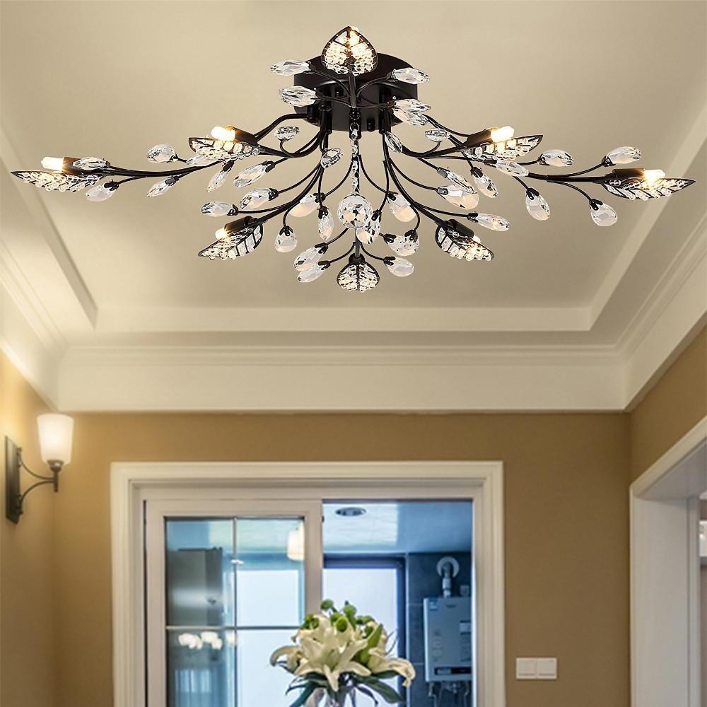 Vintage Antique Brass Leaf Crystal Branch Semi Flush Mount Ceiling Light 8 Light LED Chandelier