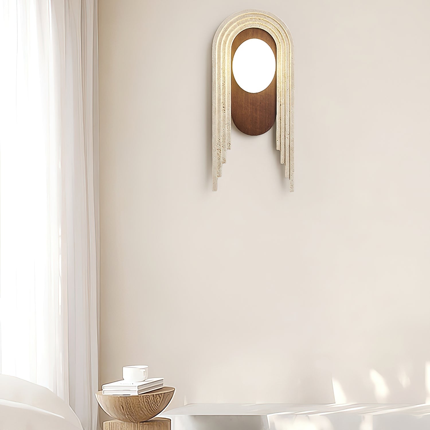 Vima Yellow Travertine and Wood LED Wall Sconce Minimalist Stone Indoor Light Fixture