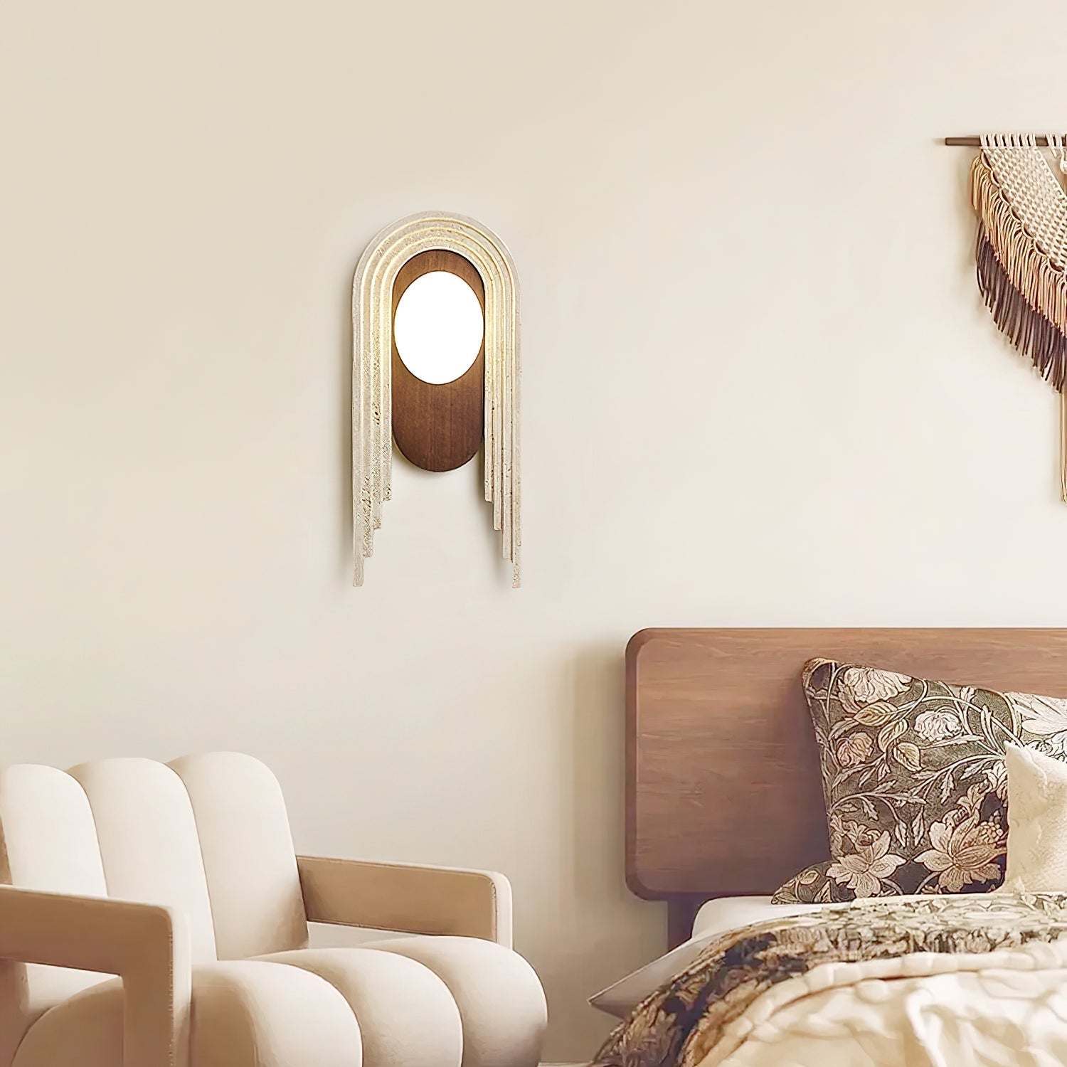 Vima Yellow Travertine and Wood LED Wall Sconce Minimalist Stone Indoor Light Fixture