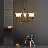 Vintage 5 Light Bending Metal Chandelier with Inverted Glass Shades and Bronze Finish