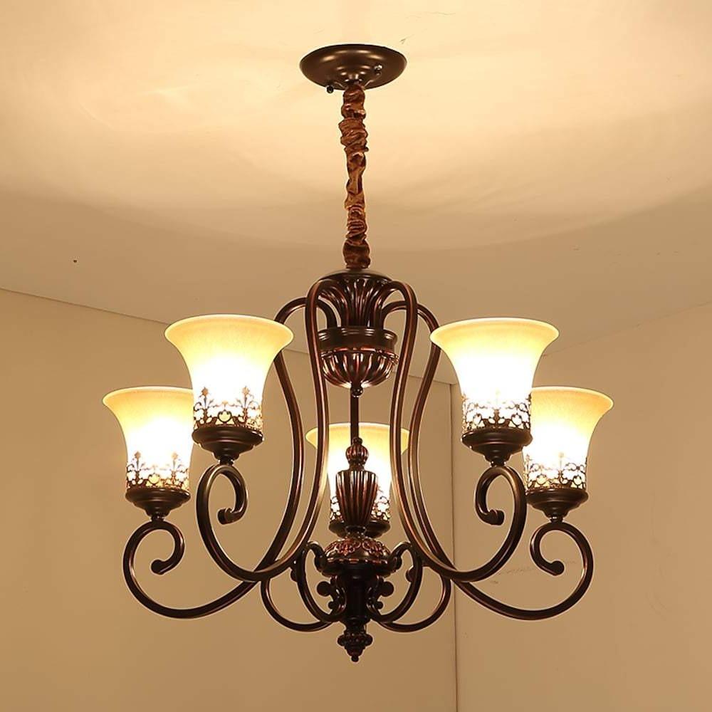 Vintage 5 Light Bending Metal Chandelier with Inverted Glass Shades and Bronze Finish