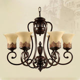 Vintage 5 Light Bending Metal Chandelier with Inverted Glass Shades and Bronze Finish