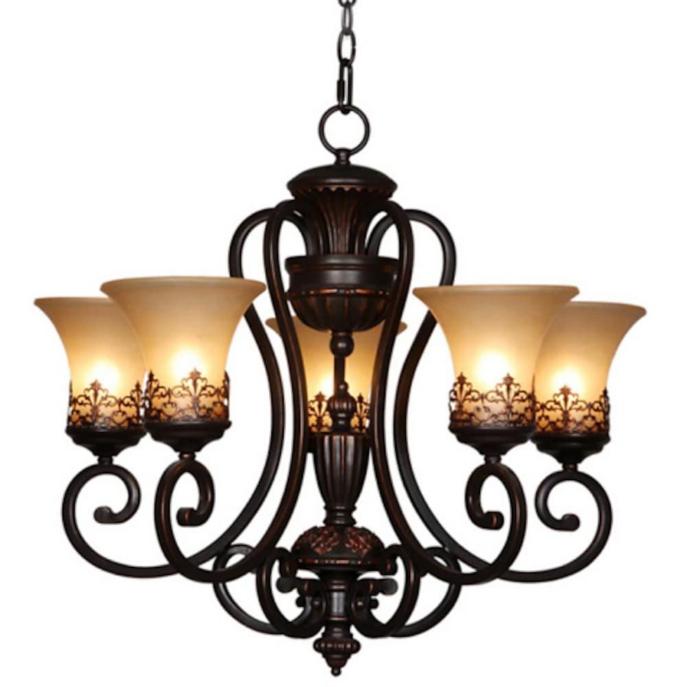 Vintage 5 Light Bending Metal Chandelier with Inverted Glass Shades and Bronze Finish