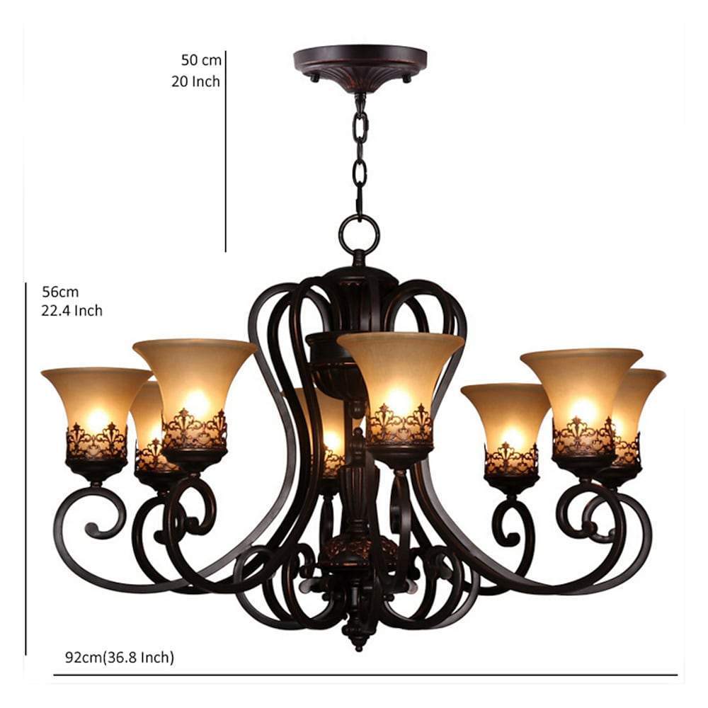 Vintage 5 Light Bending Metal Chandelier with Inverted Glass Shades and Bronze Finish