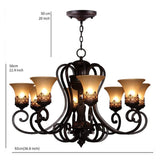 Vintage 5 Light Bending Metal Chandelier with Inverted Glass Shades and Bronze Finish