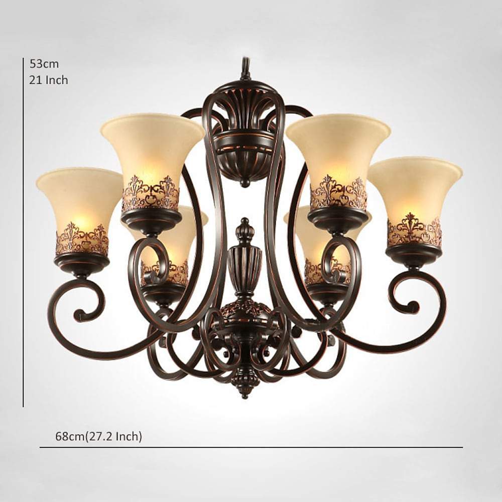 Vintage 5 Light Bending Metal Chandelier with Inverted Glass Shades and Bronze Finish