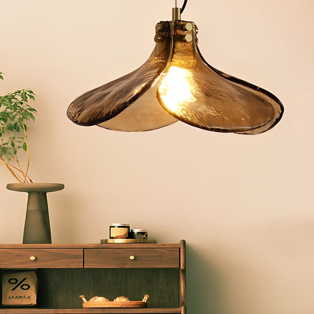 Vintage Amber Flower Glass Pendant Light H65 Brass Retro Petal Chandelier for Dining Room