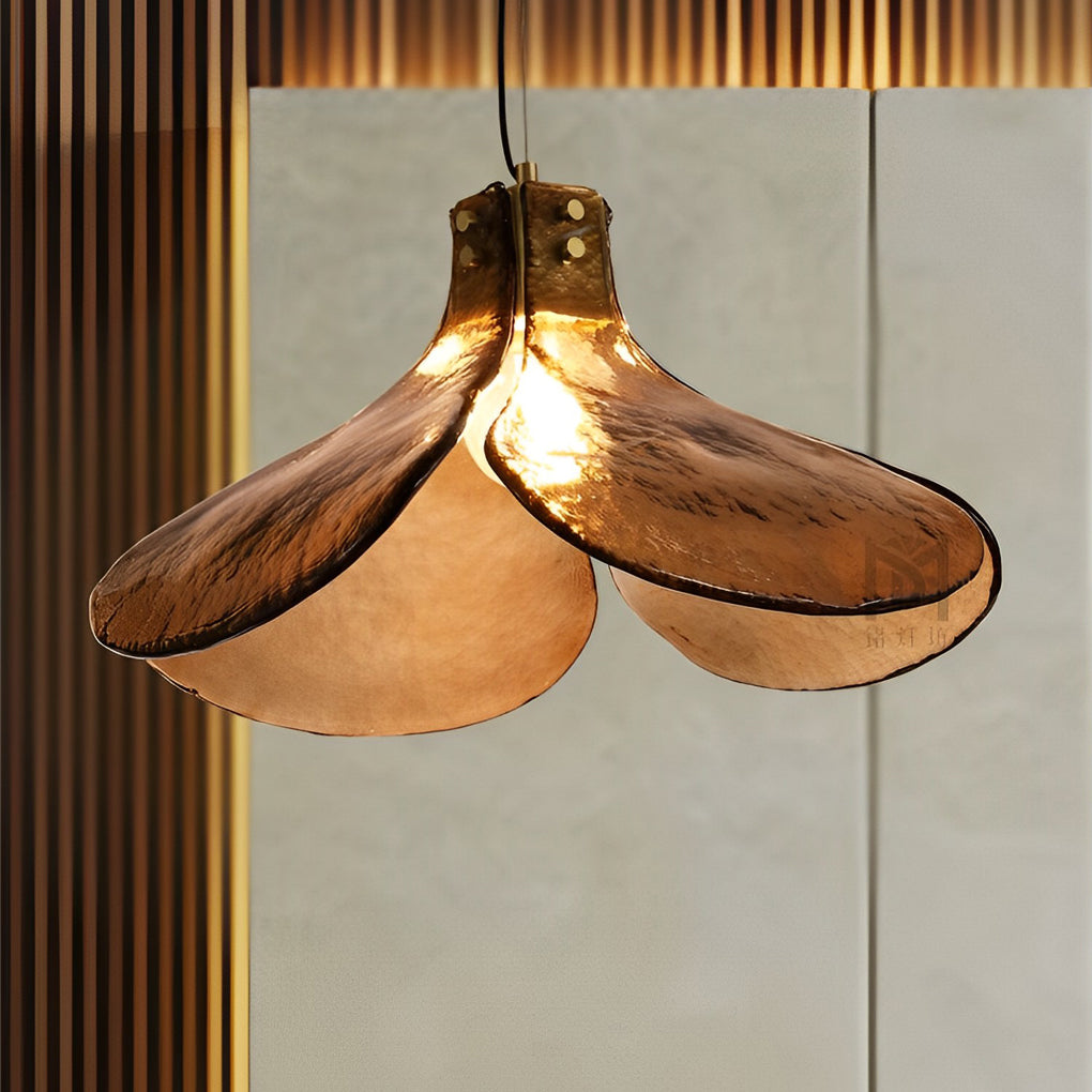Vintage Amber Flower Glass Pendant Light H65 Brass Retro Petal Chandelier for Dining Room