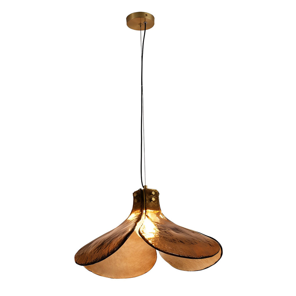 Vintage Amber Flower Glass Pendant Light H65 Brass Retro Petal Chandelier for Dining Room