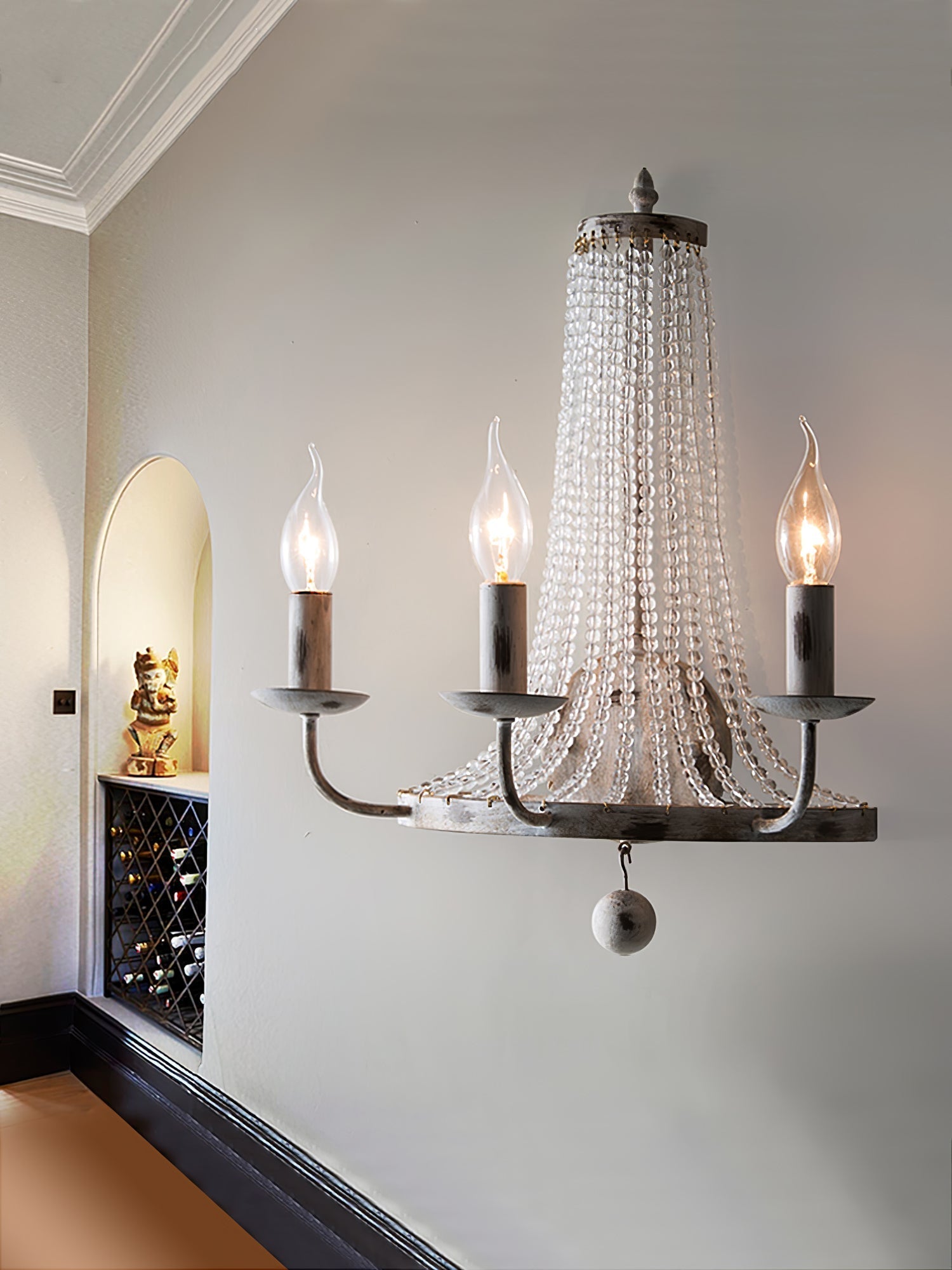 Vintage Basket Crystal Wall Sconce Traditional Distressed White Candle Wall Light
