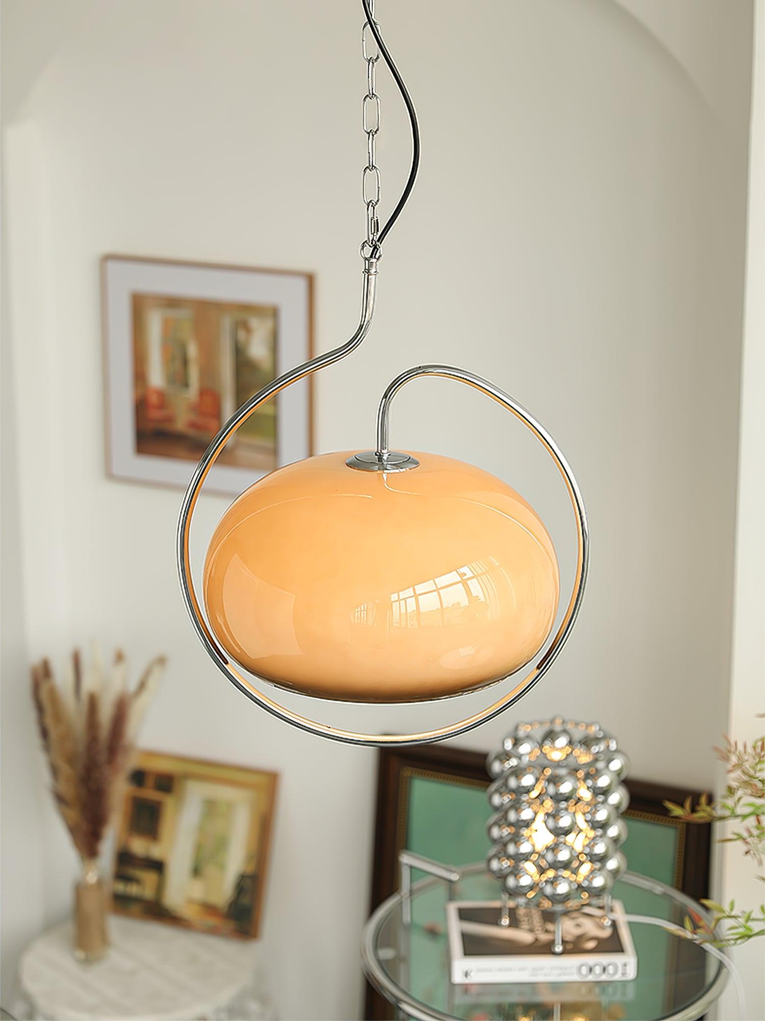 Vintage Bauhaus Medieval Pendant Lamp Chrome Cream Glass Hanging Fixture Retro Lighting