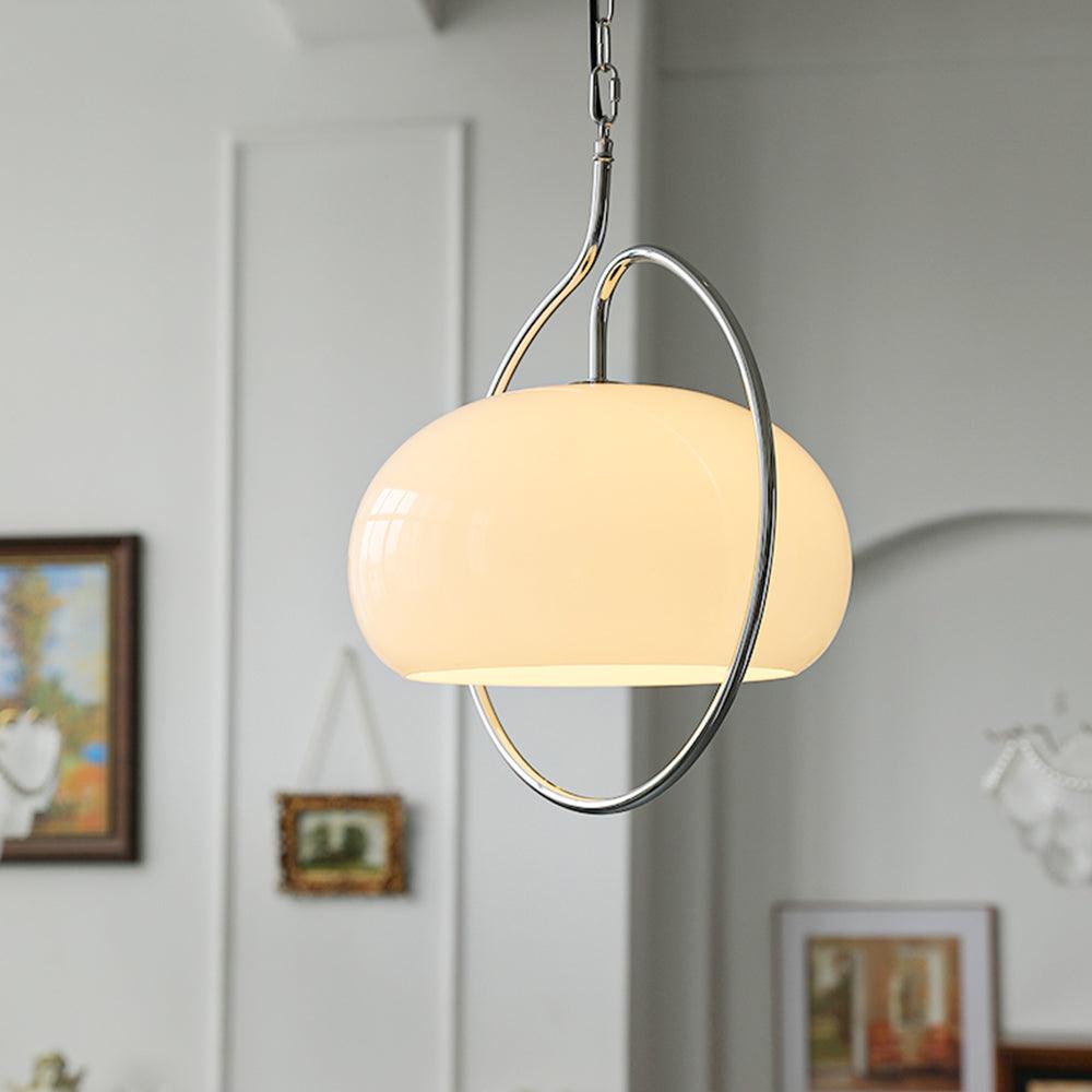 Vintage Bauhaus Medieval Pendant Lamp Chrome Cream Glass Hanging Fixture Retro Lighting