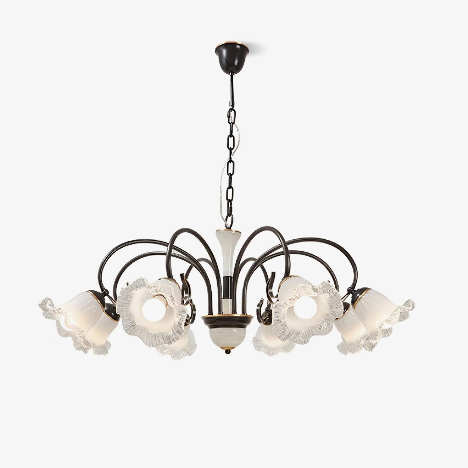 Vintage Black Candelabrum Chandelier with Floral Glass Shades and Brass Accents