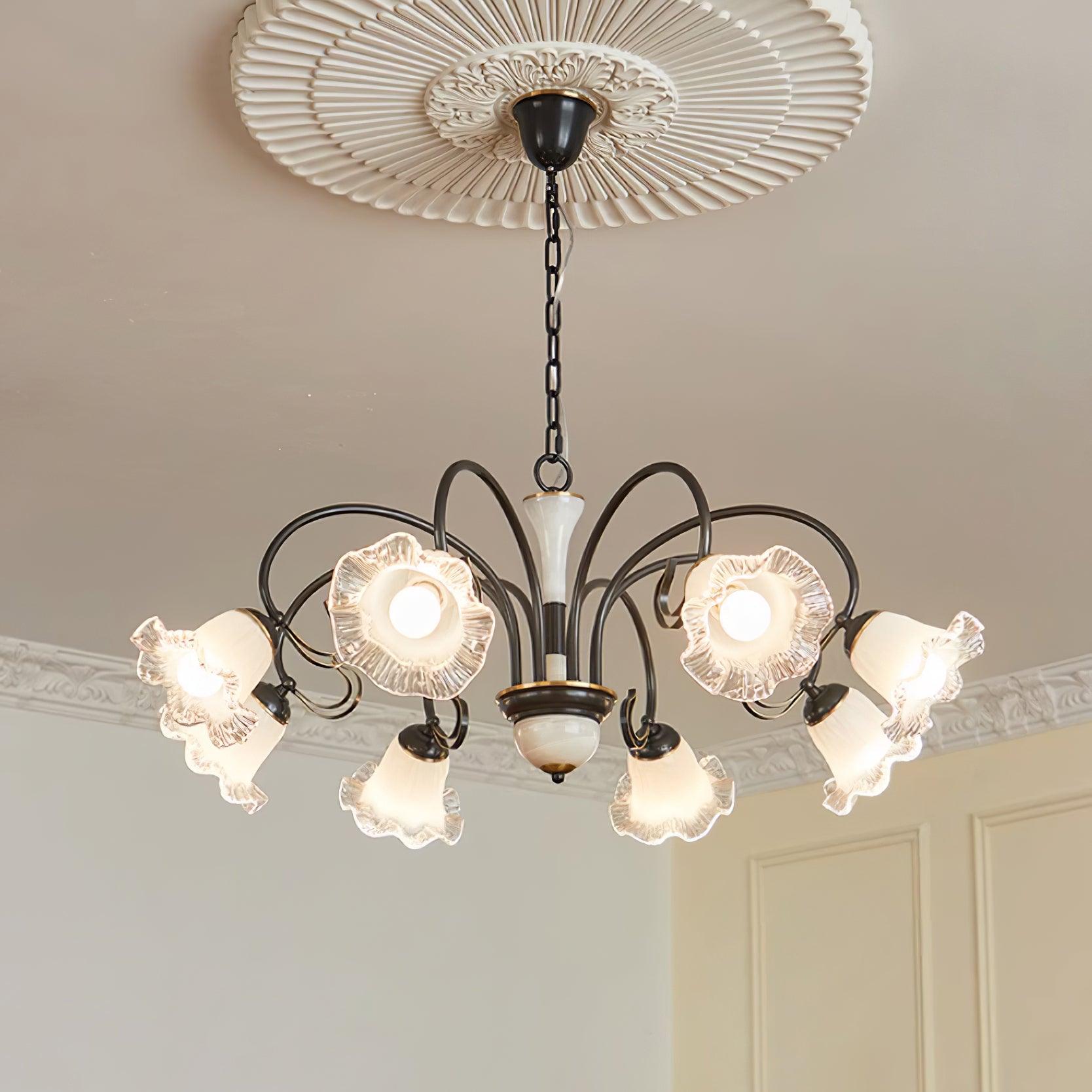 Vintage Black Candelabrum Chandelier with Floral Glass Shades and Brass Accents