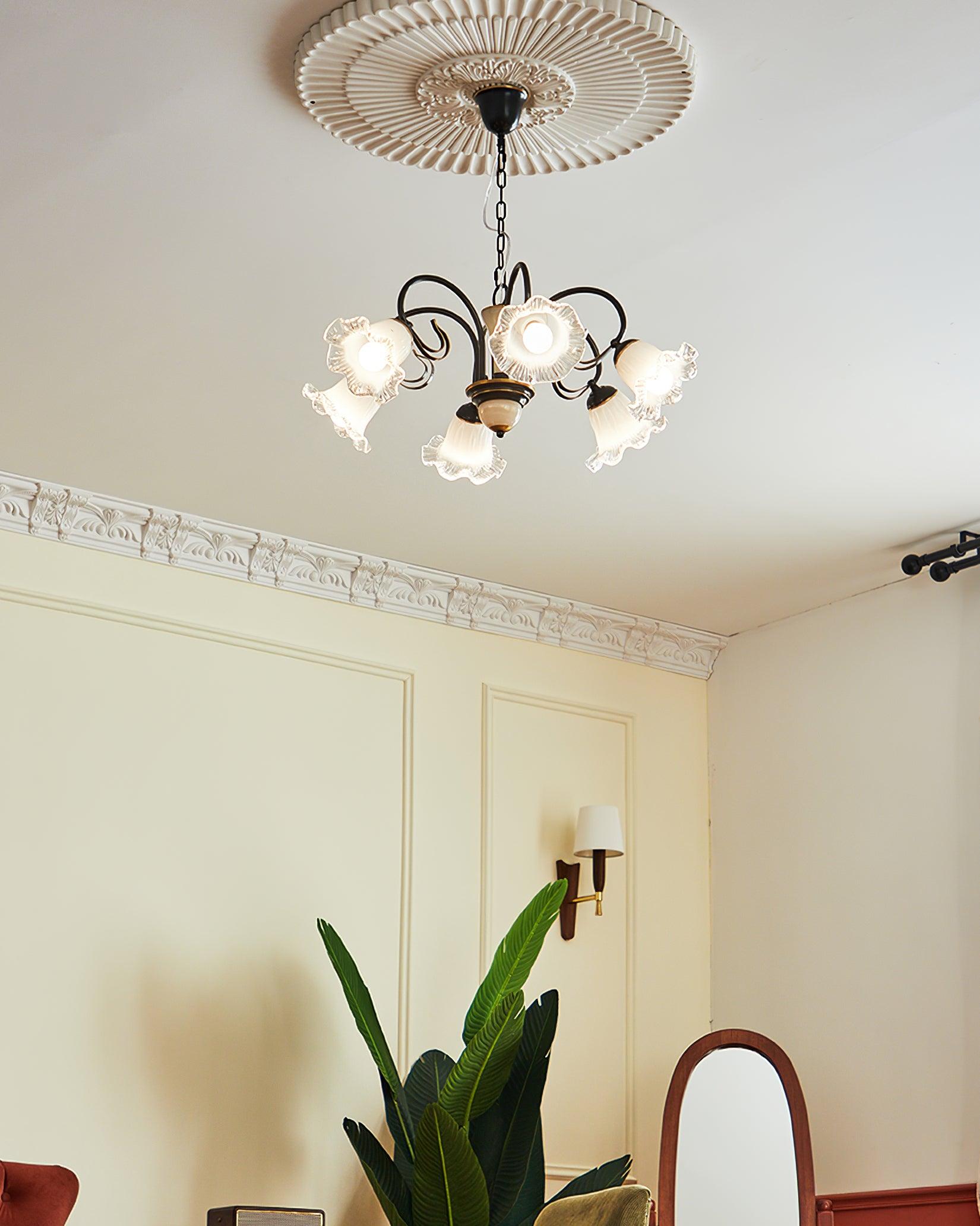 Vintage Black Candelabrum Chandelier with Floral Glass Shades and Brass Accents