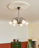 Vintage Black Candelabrum Chandelier with Floral Glass Shades and Brass Accents