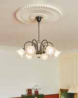 Vintage Black Candelabrum Chandelier with Floral Glass Shades and Brass Accents